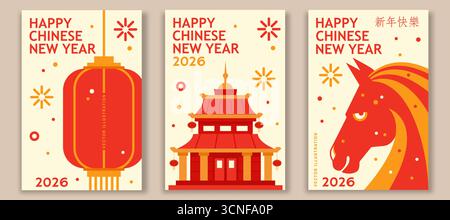 Happy Chinese New Year Poster mit Pferd und Laterne. Chinesisches Neujahr 2026 Flyer, Poster, Banner. Illustration zum festlichen Jahr des Pferdes. Chinesisch Stock Vektor