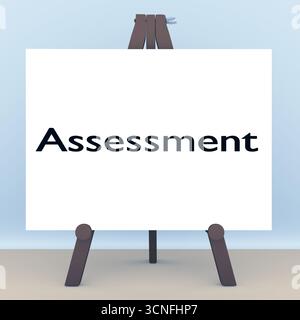 3D-Abbildung eines Stativs mit dem Skript „Bewertung“ auf weißem Hintergrund. Stockfoto