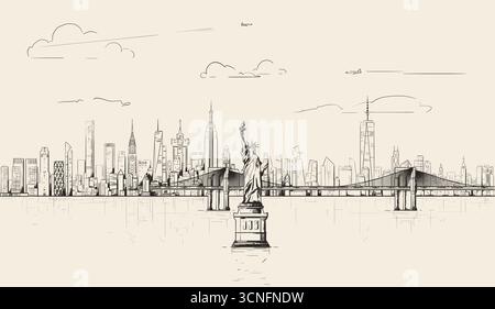 Skyline von New York im Zeichenstil auf weichem braunem Hintergrund. Vektorabbildung Stock Vektor