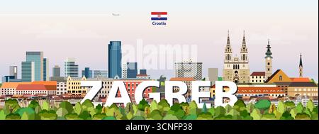 Zagreb Stadtbild bunte Vektorillustration mit großem Stadtnamen auf dem Hintergrund. Trendiges Reiseposter Stock Vektor