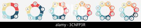 Kreis in gleiche Segmente unterteilt, Version mit vier bis neun Teilen. Einfaches Infografik-Element Stock Vektor