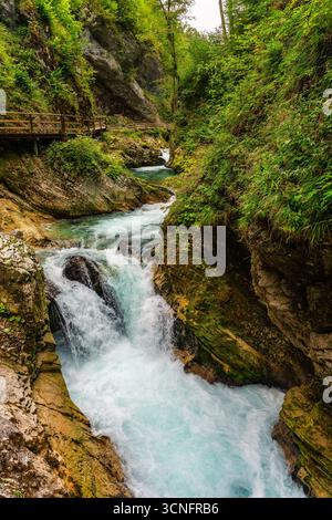 Wasserfall zwischen den Felsen der Vintgar-Schlucht, Slowenien. Stockfoto