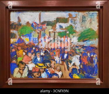 Pablo Picasso, am 14. Juli 1901, Straßenszene am Pariser Bastille Day mit französischen Flaggen und lebhafter Menschenmenge in der frühen Periode. Stock Vektor