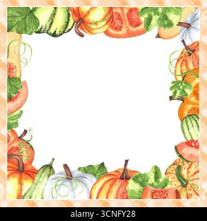 Quadratischer Rahmen mit Kürbissen in Herbstfarben und grünen Blättern. Gestreifter Rahmen. Thanksgiving Weihnachtsdekoration. Gemüsegarten. Handgezeichnete Abbildung Stockfoto
