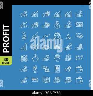 Financial Profit Set von Web-Symbolen im Linienstil. Lineare Symbolsammlung für Geldeinnahmen. Einsparungen, Finanzen, Wachstum, Investitionen, Zahlungen. Stock Vektor