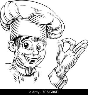 Smiling Chef Baker Cook Holzschnitt Vintage Zeichnung Stock Vektor