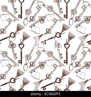 Nahtloses Vektormuster von Vintage-Schlüsseln mit Etiketten, dekorativen Quasten. Alles ist handgezeichnet in Tinte. Abbildung zum Drucken auf Papier geeignet Stock Vektor