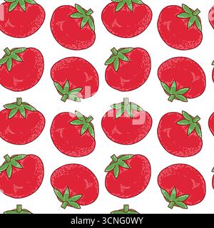 Vektor nahtloses Muster von hellroten Tomaten, alle Objekte handgezeichnet im Vektor. Die Abbildung eignet sich zum Bedrucken von Küchentextilien und Lebensmitteln Stock Vektor
