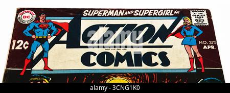 Nahaufnahme des Titellogos von Action Comics von einem Vintage-Cover von DC Comics Stockfoto