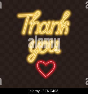 Danke Neon-Schriftzug mit Herz-Leuchteffekt-Symbol-Piktogramm Thanksgiving-Weihnachtsdekor. Isolierte Vektor-Illustration Dankbarkeit Verwandter Inhalt Grüße Themenkarten Faltblatt Banner Tag Stock Vektor