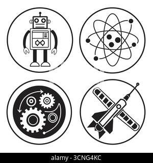 Vier kreisförmige Ikonen für Wissenschaft, Technik und Mathematik Stock Vektor