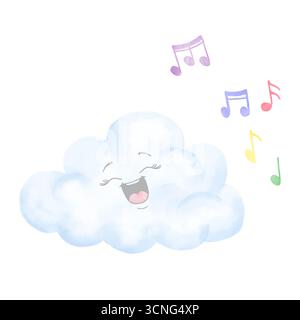 Eine flauschige Wolke mit Augen singt fröhlich Lieder. Aquarellabbildung. Eine lustige blaue Wolke lächelt, neben den Notizen, isoliert auf einem weißen Rücken Stockfoto
