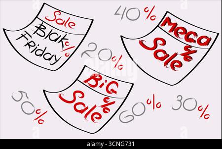 Verkaufsetiketten mit Rabattprozentsätzen, Set mit Etiketten für Werbeaktionen Stock Vektor