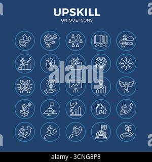 Web-Symbol für UpSkill in Linienart festlegen. Sammlung linearer Symbole für persönliches Wachstum, einschließlich Weiterqualifizierung, Entwicklung, Ausbildung, Karriere, neu abbrechen, Programme Stock Vektor