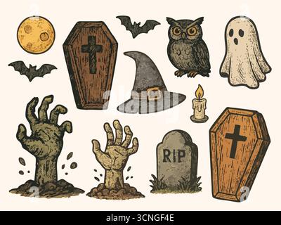 Vintage handgezeichneter Halloween-Vektor, Tusche strukturierte Retro-Skizze mit süßer gruseliger Stimmung, verspieltes Herbstferien-Design Set 3 Stockfoto