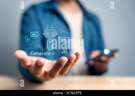Erstellung von Inhalten, Videos, Bildern, Daten und Innovation durch KI-Bots. generative KI, Automatisierung Stockfoto