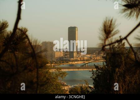 Moderne Skyline Belgrads mit dem Kula Belgrad Turm, der bei Sonnenuntergang über der Stadt ragt, eingerahmt von Bäumen und dem Fluss Save Stockfoto