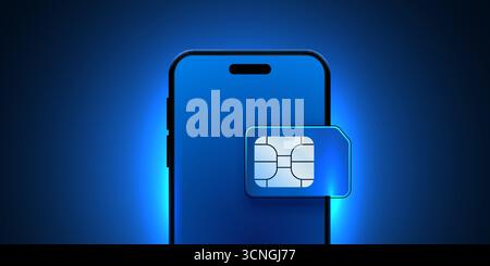 3D-Handy-Bildschirm auf hellem Glühen-Hintergrund mit Glas-sim-Kartenchip. Futuristische sim-Karte oder eSIM-Symbol. Vektorabbildung Stock Vektor