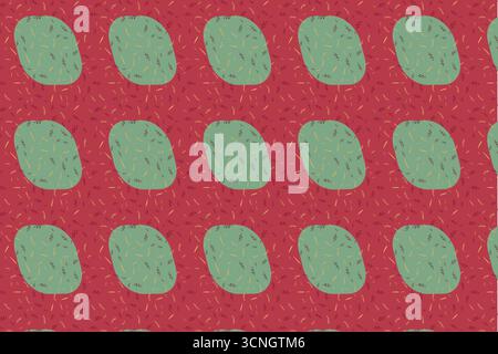 Ein auffälliges und verspieltes Vektormuster mit unregelmäßigen grünen Flecken in einem gestaffelten Raster auf sattem rotem Hintergrund. Der strukturierte Hintergrund und die internen das Stock Vektor