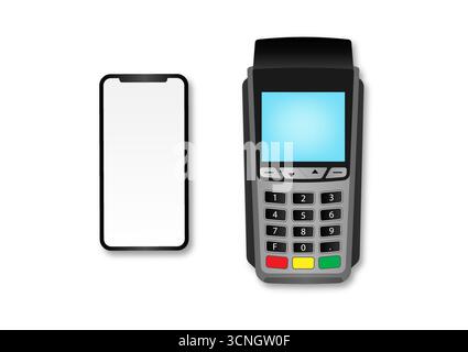 Smartphone mit POS verbunden – Point of Sale Terminal. Drahtloses oder kontaktloses Zahlungskonzept. Vektorabbildung. Stock Vektor