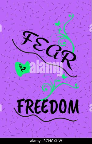 Eine auffällige Vektor-Illustration mit kräftigem schwarzem Text „FEAR“ und „FREEDOM“ auf einem leuchtend violetten strukturierten Hintergrund mit dekorativem grünem Weinwirbel Stock Vektor