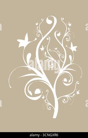 Eine zarte Vektor-Illustration mit einem beigefarbenen Hintergrund und weißen wirbelnden Reben, Blättern, stilisierten Blumen und Schmetterlingen. Das symmetrische und das komplizierte Stock Vektor