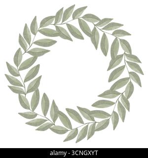Runder Aquarellrahmen aus Blättern in natürlichem, handbemalten Stil. Perfekt für Einladungen, Grußkarten, umweltfreundliches Branding, Verpackung Stockfoto