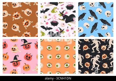 Set mit niedlichen, nahtlosen Halloween-Mustern. Stock Vektor