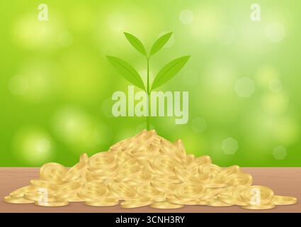 Geldbaumpflanze mit goldenen Münzen. Geschäftsgewinn wächst mit passivem Einkommen. Wachstum von Geld, Sparen und Investitionen. Stock Vektor