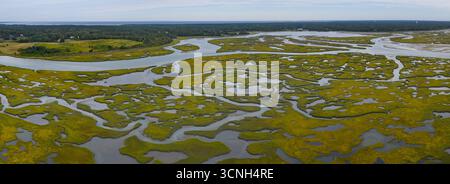 Geschwungene Kanäle schlängeln sich durch eine wunderschöne Salzwiese auf Cape Cod, Massachusetts. Diese Kohlenstoffsenken sind Baumschulen für Wildtiere und dienen als Puffer. Stockfoto