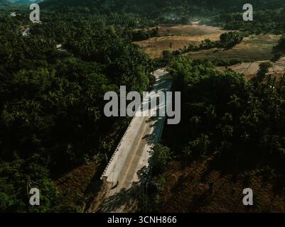 Eine friedliche Betonstraße schlängelt sich durch dichten grünen Wald und offene Felder und fängt die ruhige Schönheit der Natur und der ländlichen Landschaft ein. Stockfoto