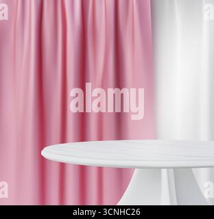 Weißes rundes Podium. Produktszene im 3D-Kreis im Speisesaal, minimaler rosafarbener Vorhang und leere Innenwand. Runder Tisch und Satin-Textilvorhang, leere Ausstellungsplattform. Vektorhintergrund Stock Vektor