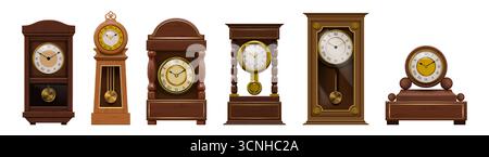 Antike Uhr. Antike Pendeluhr. Vintage-Timer-Pfeil oder Retro-Wandschmuck-Kreis. Luxus-Zeitnummernschild. Klassischer Zeitmesser. Altes Chronometerrad. Vektorrealistische Objekte festgelegt Stock Vektor