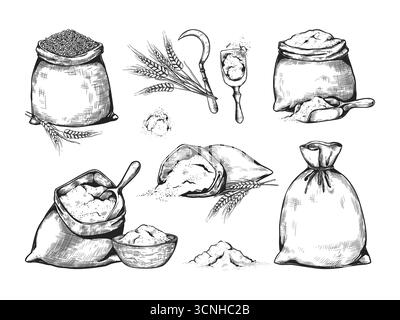 Weizenmehl. Handzeichnung Zuckersack. Getreidebeutel oder Brotmühle mit Gravur. Vintage Bäckerei Sackleine Schüssel. Backen von Speisen. Landwirtschaftliche Ernte. Landwirtschaft Sichel und Schaufel. Satz der Vektorskizzen Stock Vektor