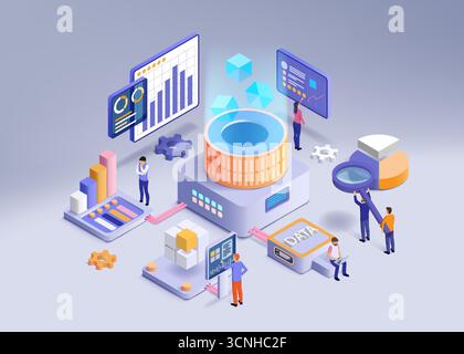 Datenanalyse. Digitales 3D-Dashboard. Business Process oder People Web Design Lösung. Grafisches Statistikdiagramm. Brainstorming für Analysten. Überwachung von Analyseberichten. Rechenzentrumscomputer. Vektorkonzept Stock Vektor