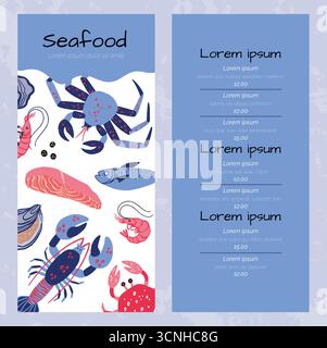 Meeresfrüchte-Menü. Vorlage für Restaurant und Café. Fisch, Krabben und Garnelen. Frischer Lachs und Hummer. Leckeres gesundes Essen. Zutaten zum Kochen. Ozeanische Produkte. Vektor-Cartoon flache isolierte Illustration Stock Vektor