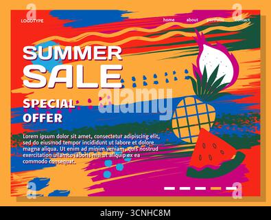 Banner zum Sommerangebot. Tropische Früchte. Landing-Page für saisonale Rabatte. Shop-Marketing. Sonderangebot. Farbspritzer und -Konturen in kräftigen Farben. Ananas im Sommer. Hintergrund der Vektor-Website Stock Vektor