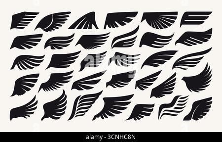 Wing-Logo. Adler-, Falken- oder phoenix-Engel-Feder, stilisierte Tribal-Insignia-Falken-Grafik. Vintage-Tätowierungssymbole. Schwarze Silhouette, Logotypemblem oder Abzeichen isoliertes Element. Abstrakte Vektorsymbole festgelegt Stock Vektor