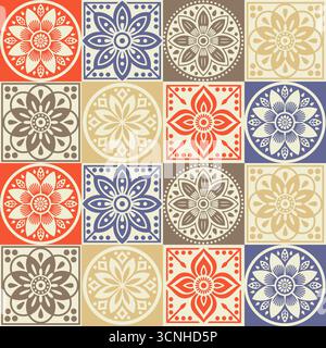 Set aus farbenfrohen Vektor-Blumenmotiven in runden und Diamantformen, inspiriert von traditionellen Stickmotiven der ukrainischen und polnischen Volkskunst. Stock Vektor