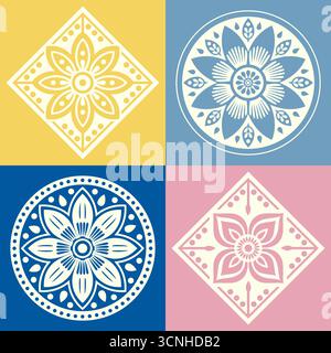 Set aus farbenfrohen Vektor-Blumenmotiven in runden und Diamantformen, inspiriert von traditionellen Stickmotiven der ukrainischen und polnischen Volkskunst. Stock Vektor