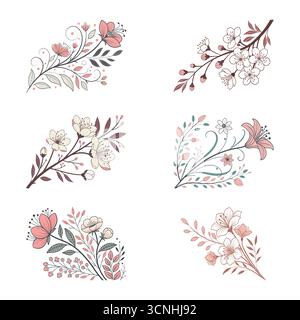 Set mit sechs eleganten handgezeichneten Blumenillustrationen. Eine Kollektion dekorativer botanischer Designelemente mit Blumen, Blättern und Zweigen für die Hochzeit Stock Vektor