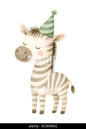 Aquarell-Geburtstagsfoto – niedliche Safari- und Dschungelparty-Illustrationen mit Ballons und Hüten Stockfoto