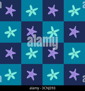Nahtlos kariertes Marinemuster mit dunklen und hellblauen Quadraten, verziert mit violetten und blauen Seesternen, perfekt für Sommertextilien und Strandaccessoires Stock Vektor