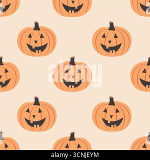 Halloween Kürbisse nahtloses Muster. Vektor-Illustration der Halloween-Party. Süße Kürbisse auf beigefarbenem Hintergrund. Illustration der Ferienwohnung. Stock Vektor