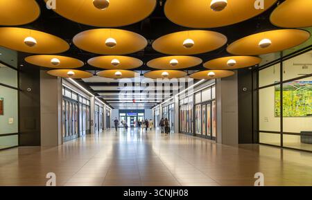 New York City, New York - 8. September 2025: Einzigartige Leuchten in einem Flur in der Moynihan Train Hall am Penn Station in New York City. Penn Station Stockfoto