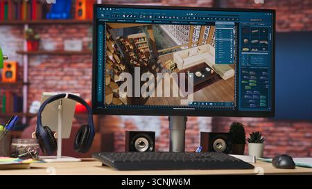 Objekte werden im 3D-Modellierungsprogramm in gerenderte Wohnung für Innenarchitektur-Projekt verschoben, Handheld-Kameraaufnahme. Nahaufnahme des CAD-Programms, das für die Modellierung virtueller Möbel im Raum verwendet wird Stockfoto