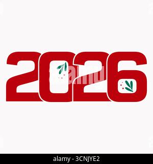2026 kräftige rote Zahlen Vektor mit festlichen grünen Blättern und Beeren Akzenten, Neujahr, Stock Vektor Stock Vektor