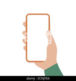 Hand hält orangefarbenen Smartphone-Vektor, minimal flach, leerer Bildschirm, isoliert auf weiß, Stock-Vektor Stock Vektor