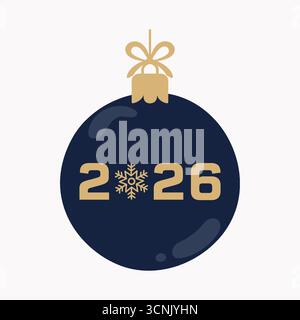 Weihnachtsschmuck Vektor, marineblaue Kugel mit Gold 2026 und Schneeflocke, flacher Stil, Stock Vektor Stock Vektor