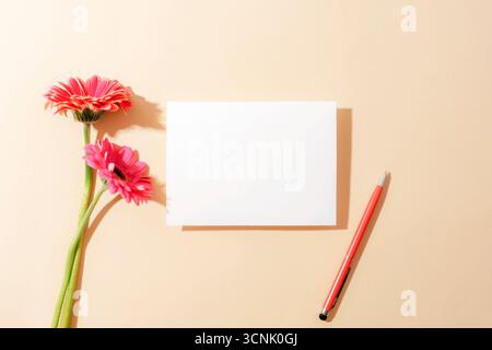 Leere weiße Karte mit rotem Stift und rosa Gerbera-Blüten auf beigefarbenem Hintergrund. Draufsicht, flach, Modell. Stockfoto